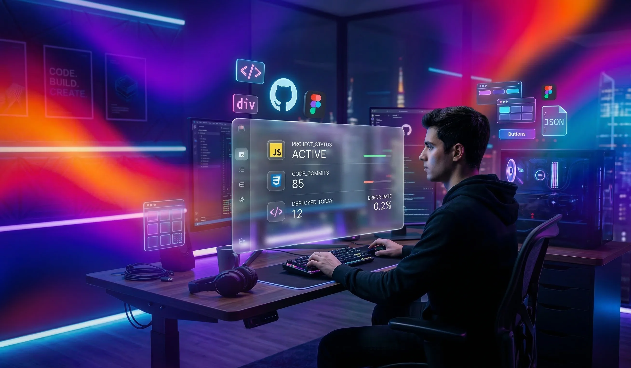 A developer working on a futuristic interface that displays elegant, semi-transparent frosted-glass UI cards with colorful abstract backgrounds